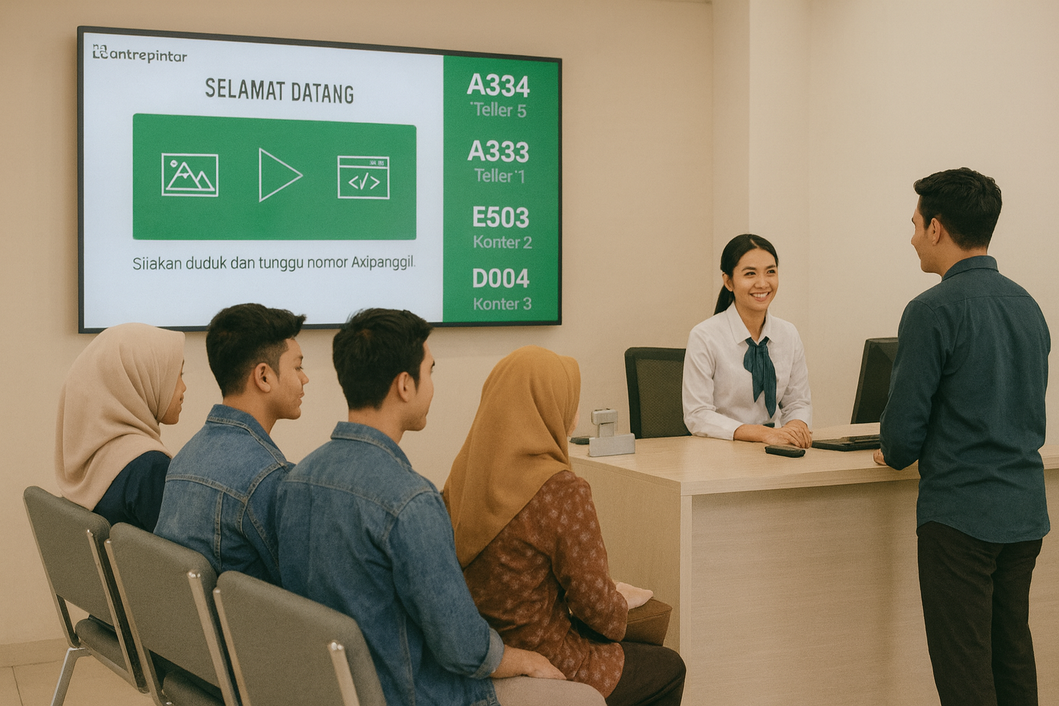 Layar antrean digital di cabang bank membantu meningkatkan transparansi waktu tunggu dan kepuasan nasabah.