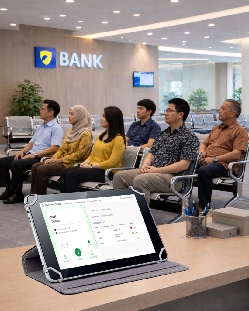 Sistem manajemen antrian bank dan perbankan untuk segala sektor finansial.